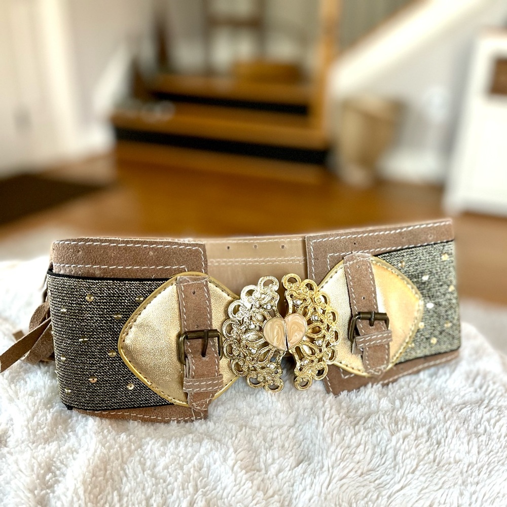Newport News Genuine Leather Fringe Corset Belt With Gold Detail And Sequins